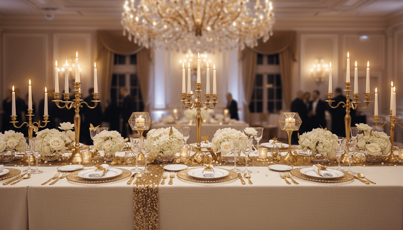 Themed party table with gold decor and styled setup