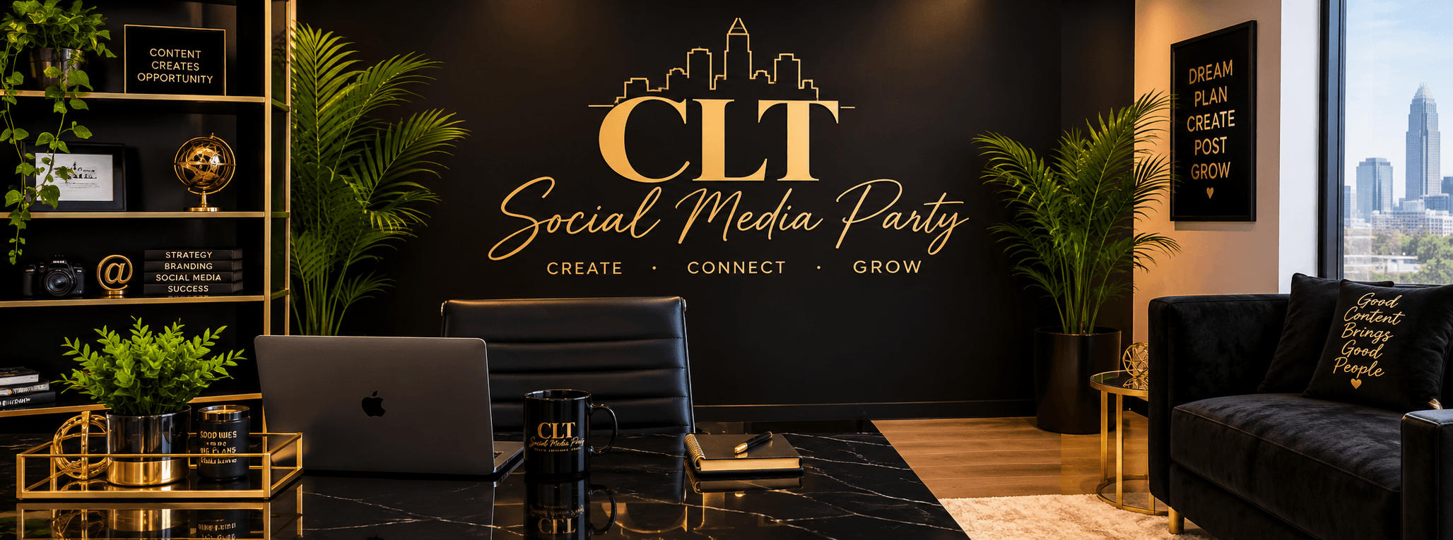 Luxurious black and gold office with CLT Social Media Party logo and city skyline view.