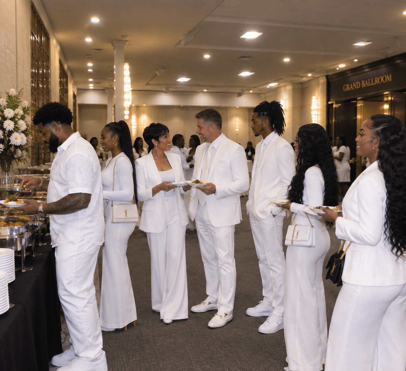Guests in elegant white attire serve themselves from a buffet in a grand ballroom.
