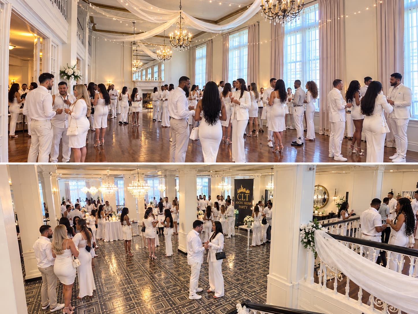 Guests in white attire socialize at a formal event in a grand, chandelier-lit ballroom.
