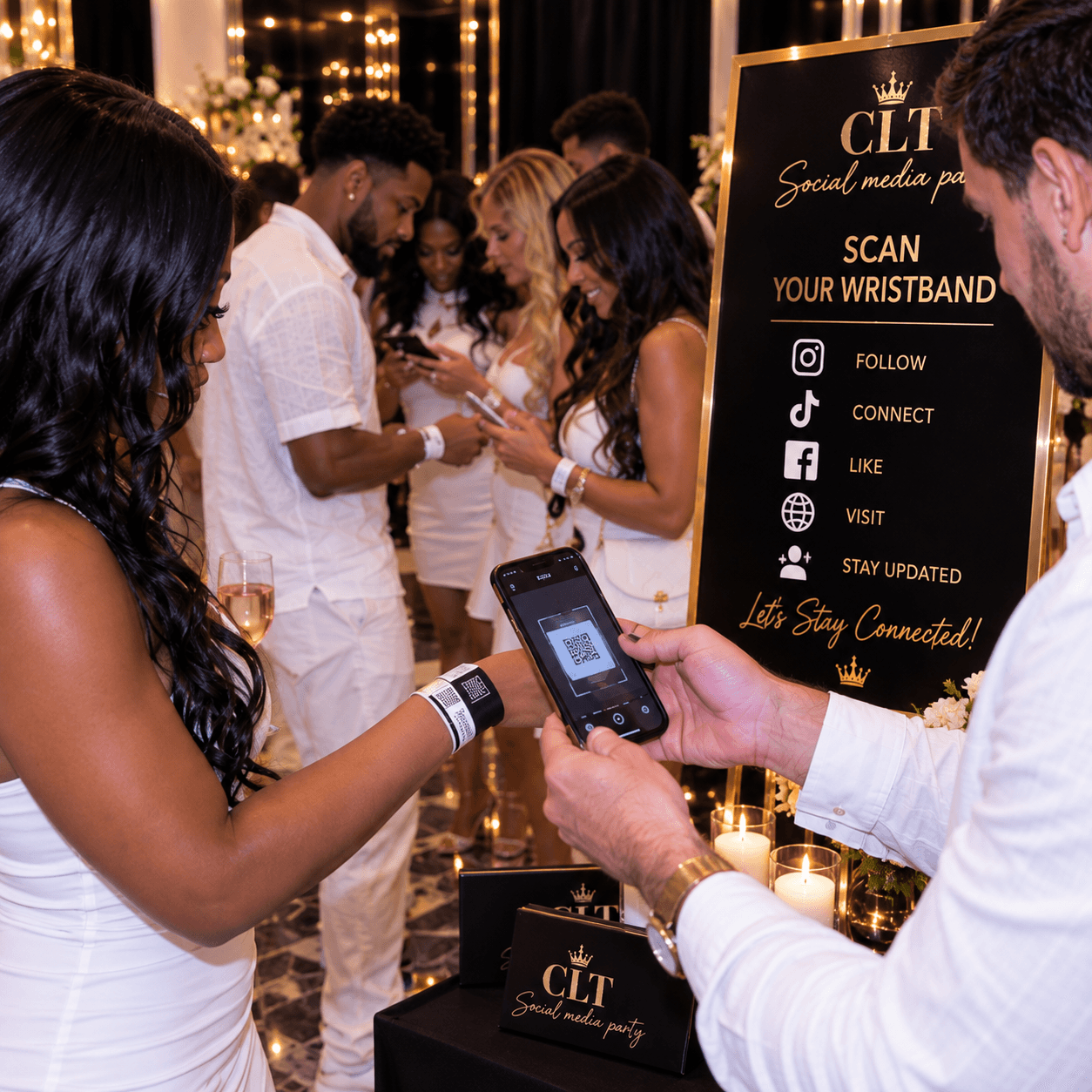 A man scans a woman's QR code wristband at a social media party with guests in white.