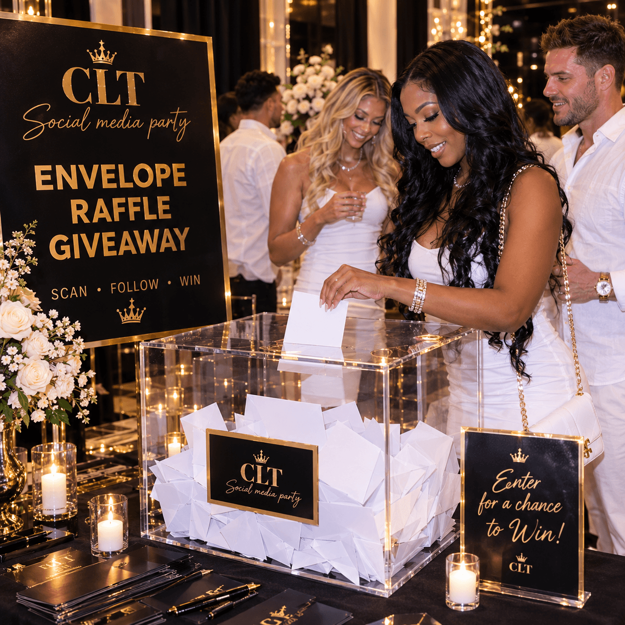 Woman in white dress placing an envelope into a clear raffle box at a party.