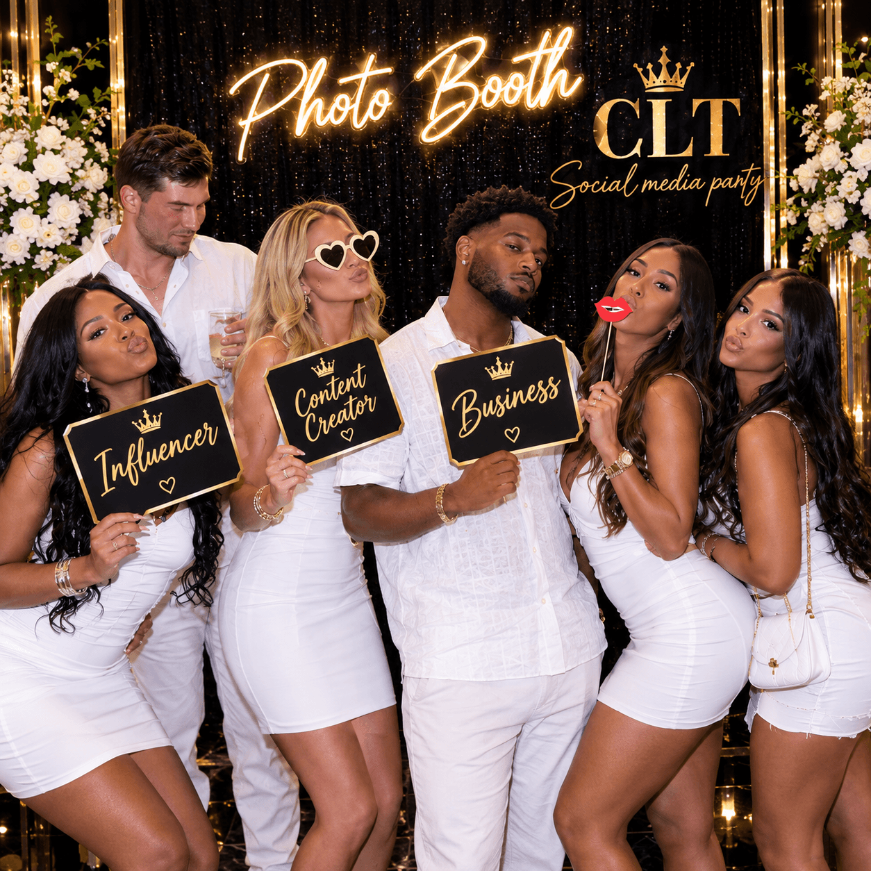 Six people in white posing at a social media party photo booth with themed signs.