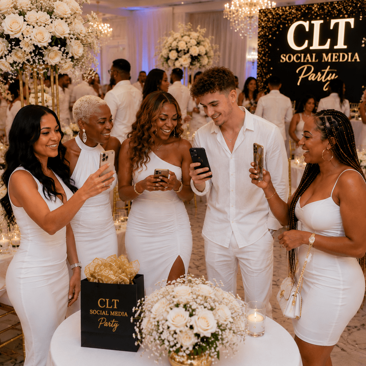 Smiling guests in white outfits use their smartphones at an elegant social media party.