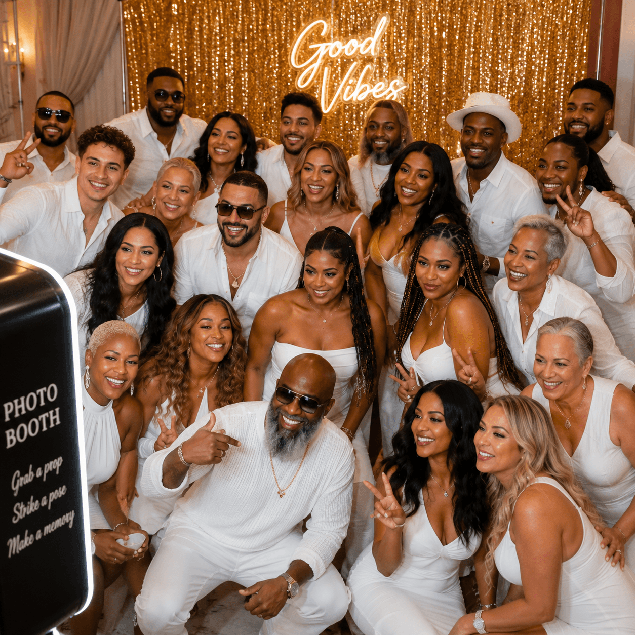 Large group in white outfits posing before a gold backdrop and Good Vibes neon sign.
