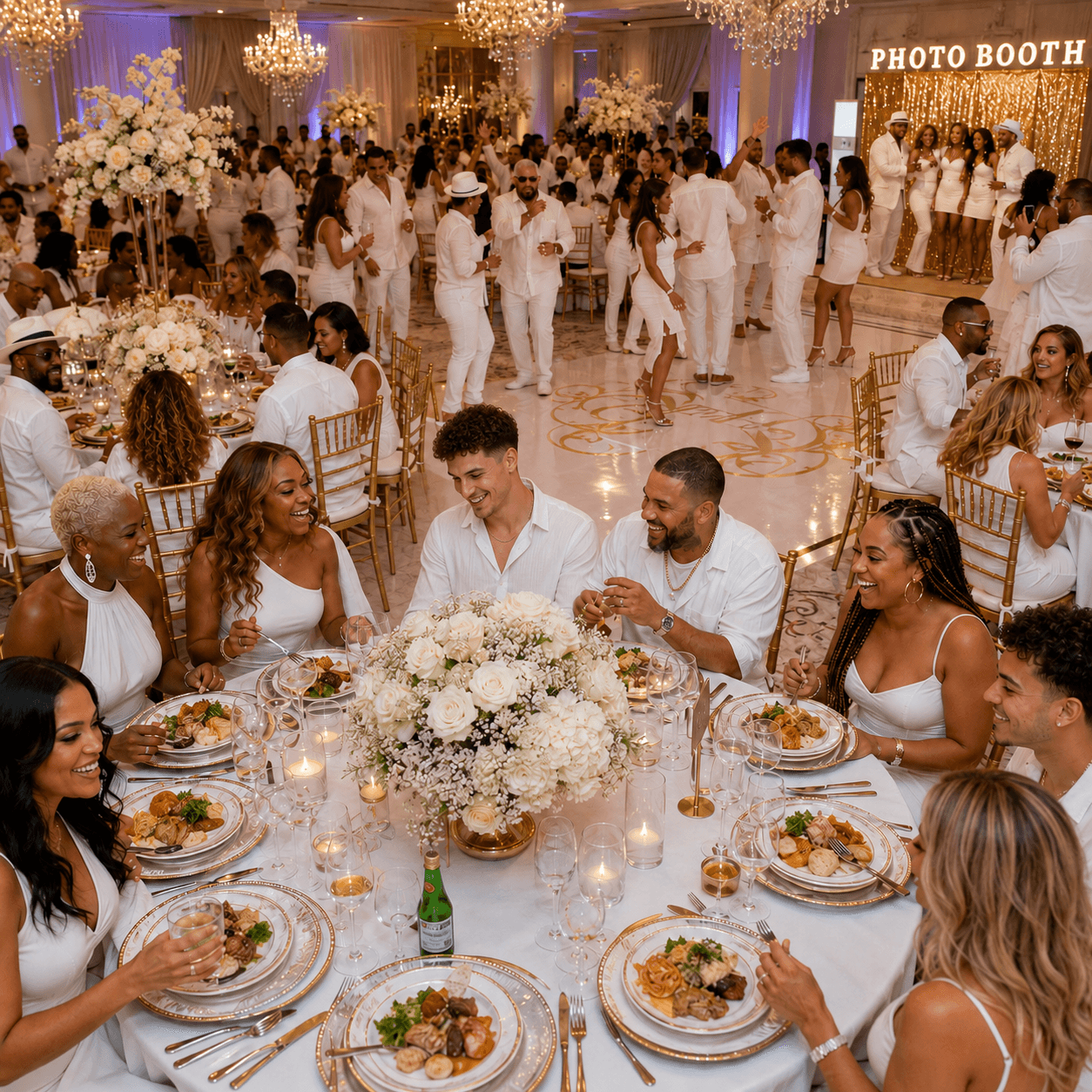 Guests dressed in white enjoy a formal dinner in a lavishly decorated, chandelier-lit ballroom.